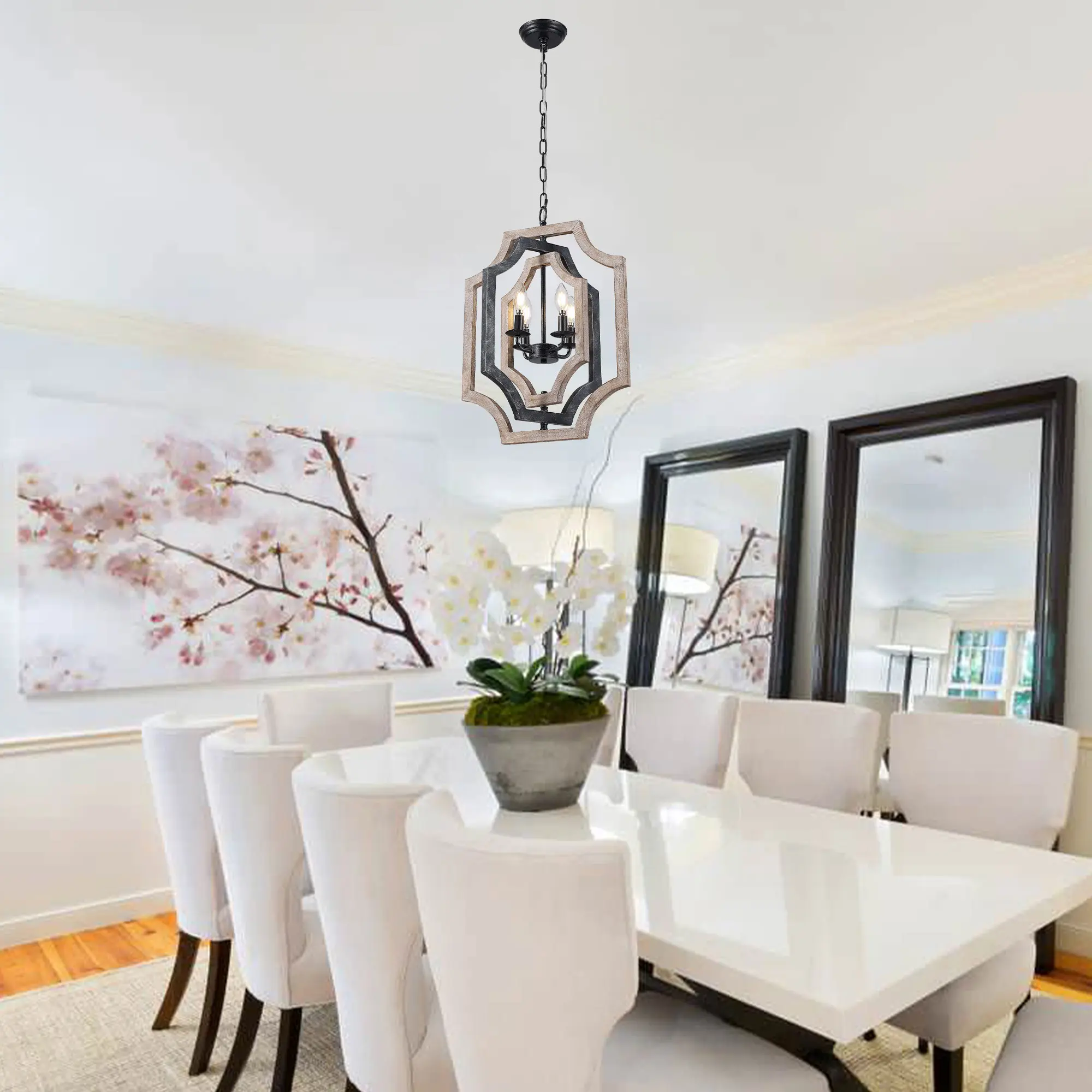 4 Lights 16.9" DIY Shape Farmhouse Style Wooden Chandelier with Adjustable Chain for Home Decoration
