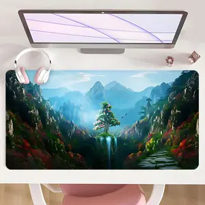[Mouse Desk Pad] Non-Slip Mouse Pad Large Gaming Mouse Pad With Rubber Base & Stitched Edge Floating Cherry Blossom Tree Waterfall Mountain Design Desk Top Protector Mat For Home Office Holiday Gift