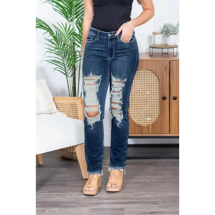 Women's Heavily Distressed Straight Jeans - Mid-Rise Grunge Streetwear Trend Fit in a Stretch Cotton Polyester Spandex Denim, Overall, Pants