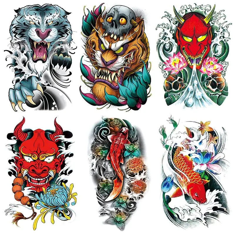 6 Pcs Japanese Temporary Tattoo Set, Realistic Fish Monster Fake Tattoos, Party Gift, Arm Leg Body Paint Stickers, Colorful Waterproof Tattoos