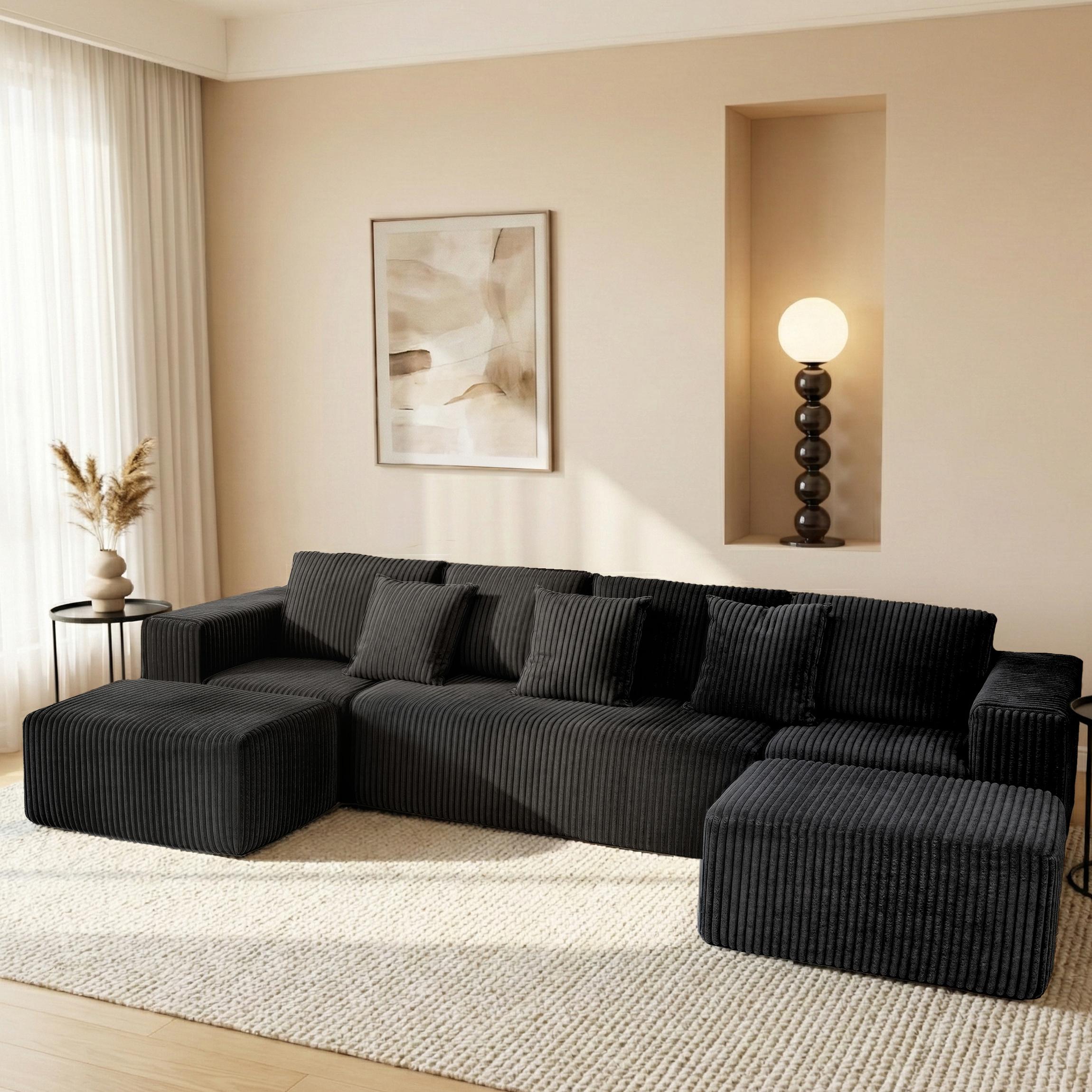 [Christmas] [3 or 2 Packages Shipped]Niccae 132.5" U Shape Modular Sectional Sofa, Corduroy Fabric Oversized Sectional Couch, 5 Seat U Shaped Couch with 2 Pillows for Living Room, Bedroom, Office, No Assembly Require