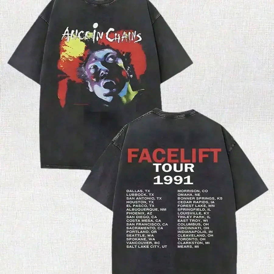Men's Retro Washed Black Oversized Loose-Fit Medium-Length Short-Sleeve Double-Print Alice In Chains Facelift Tour 1991 Graphic Tee - Retro-Unisex Streetwear for Daily, Outdoor Wear (Men's Graphic Tees)
