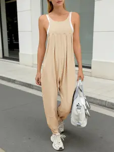 Fisoew Jumpsuits for Women Summer Casual Overalls Spaghetti Strap Sleeveless Pleated Rompers Jumpers with Pockets