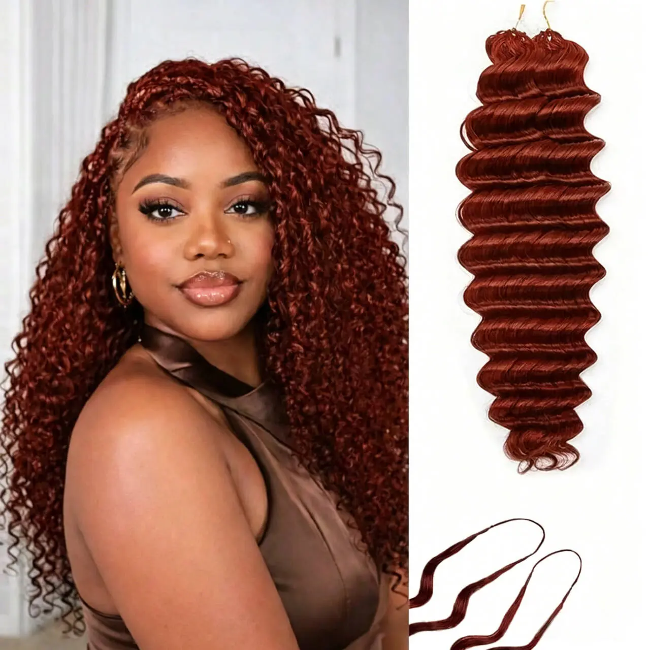 Reddish Brown Human Hair Bulk for Braiding 50g Invisible Knotless Braiding Human Hair for Miracle Knots Long Cord Feather Deep Wave Kinky Curly Crochet Braids for Women