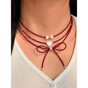Elegant Beaded Bow Necklace, Luxury Unique Design Layered Heart Pearl Jewelry, Fashionable Statement Piece for Women