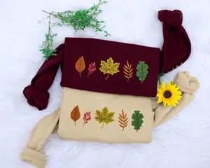 Embroidered Autumn Leaves Sweatshirt Maple Leaves Fall Sweater Halloween Spooky Season Jumpers Halloween Party Outfits Autumn Fall Gifts