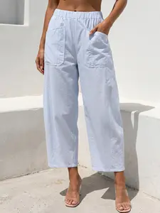 Women's High-Waisted Linen Blend Casual Crop Pants - Elastic Waist, Wide Leg, Pockets, Summer Beach Trousers