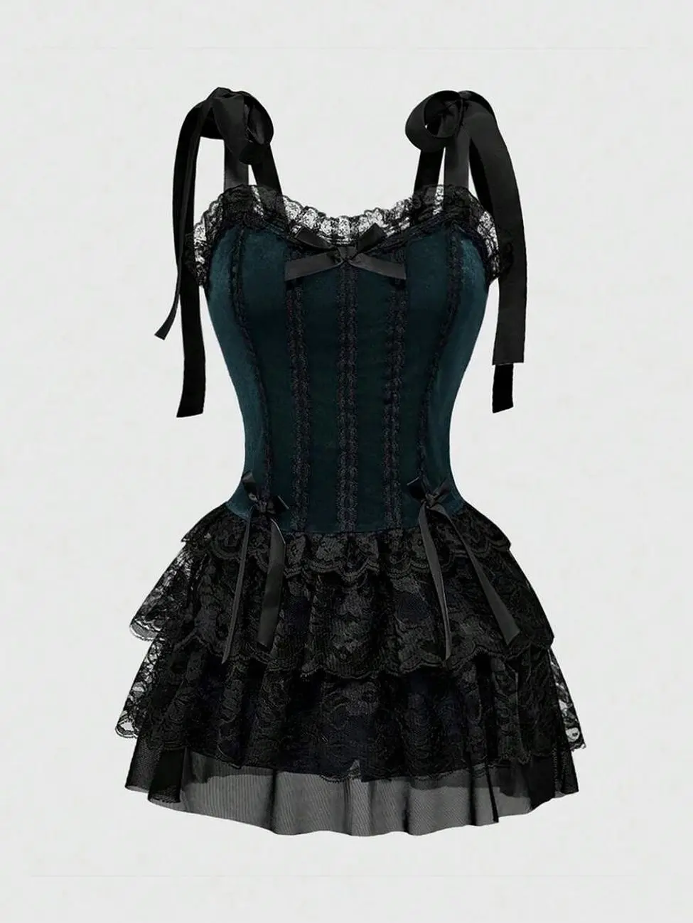 Women's Gothic Velvet Mini Dress, Retro Palace Style Contrast Color Lace Trim Spaghetti Strap Dress with Cross Pendant Detail, Vintage Dark Romantic Outfit for Party, Date Night & Halloween