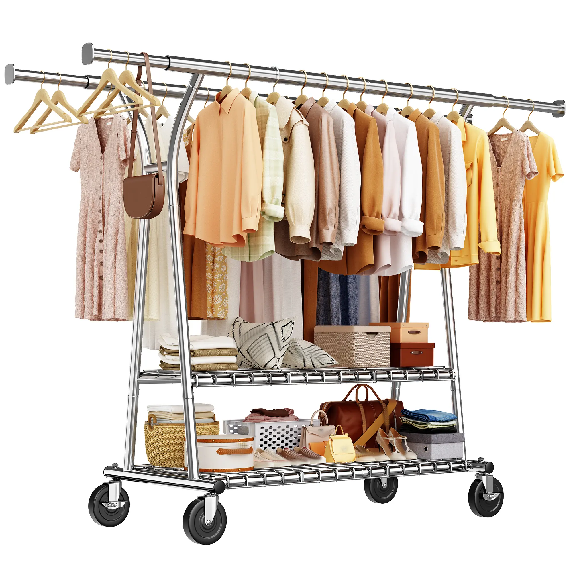 Raybee 78" W Clothes Rack Loads 441LBS, Rust-Proof Clothing Racks for Hanging Clothes, Heavy Duty Clothes Rack with Shelves, Clothing Rack with Wheels, Portable Collapsible Commercial Garment Rack, Chrome