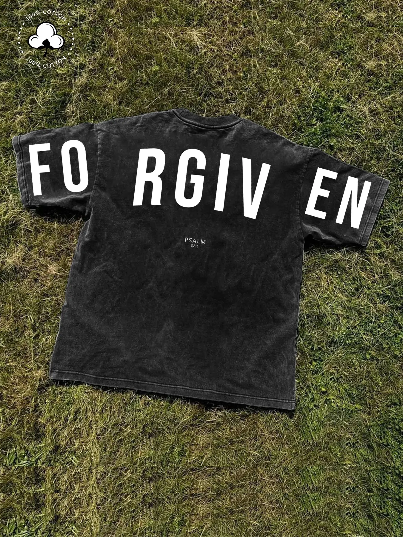 1 Piece Men's T-Shirt, Vintage Washed “FORGIVEN” Short Graphic Fitted Tee with Psalm 32:1 Verse, 100% Cotton for Christian Men, Church and Casual Daily Wear, Menswear