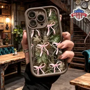 Cute Pink Bow Camo Floral Pattern Case for iPhone 17 16 15 14 Pro Max 13 12 11 XR XS Plus Air Slim Shockproof Anti Drop Protective Durable TPU Cover