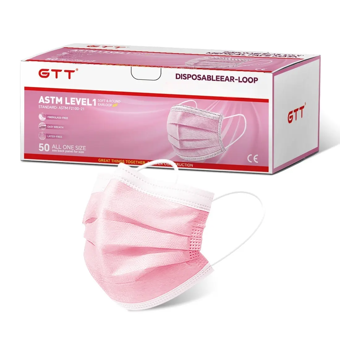 GTT 50-Pcs Pink Disposable 3-Ply Ear-Loop Face Masks, ASTM Level 1 Certified, 1-Size, Easy to Breathe, Casual Everyday Use for Adults, Affordable Commute & Basic Coverage Protection
