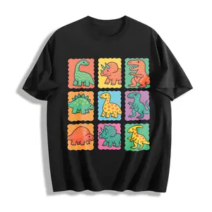 Cute Retro Colorful Dinosaur Grid Illustration Heavyweight Boxy Fit T-Shirt - Vintage Washed Oversized - Pure Cotton Graphic Tee - Kidcore Aesthetic Top