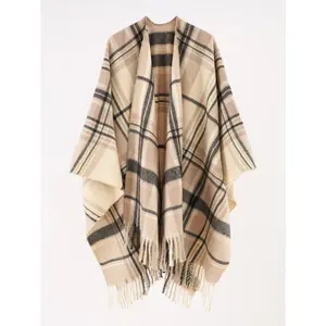 Women’s Poncho Shawl – 1 pc plaid pattern warm scarf shawl in warm colors