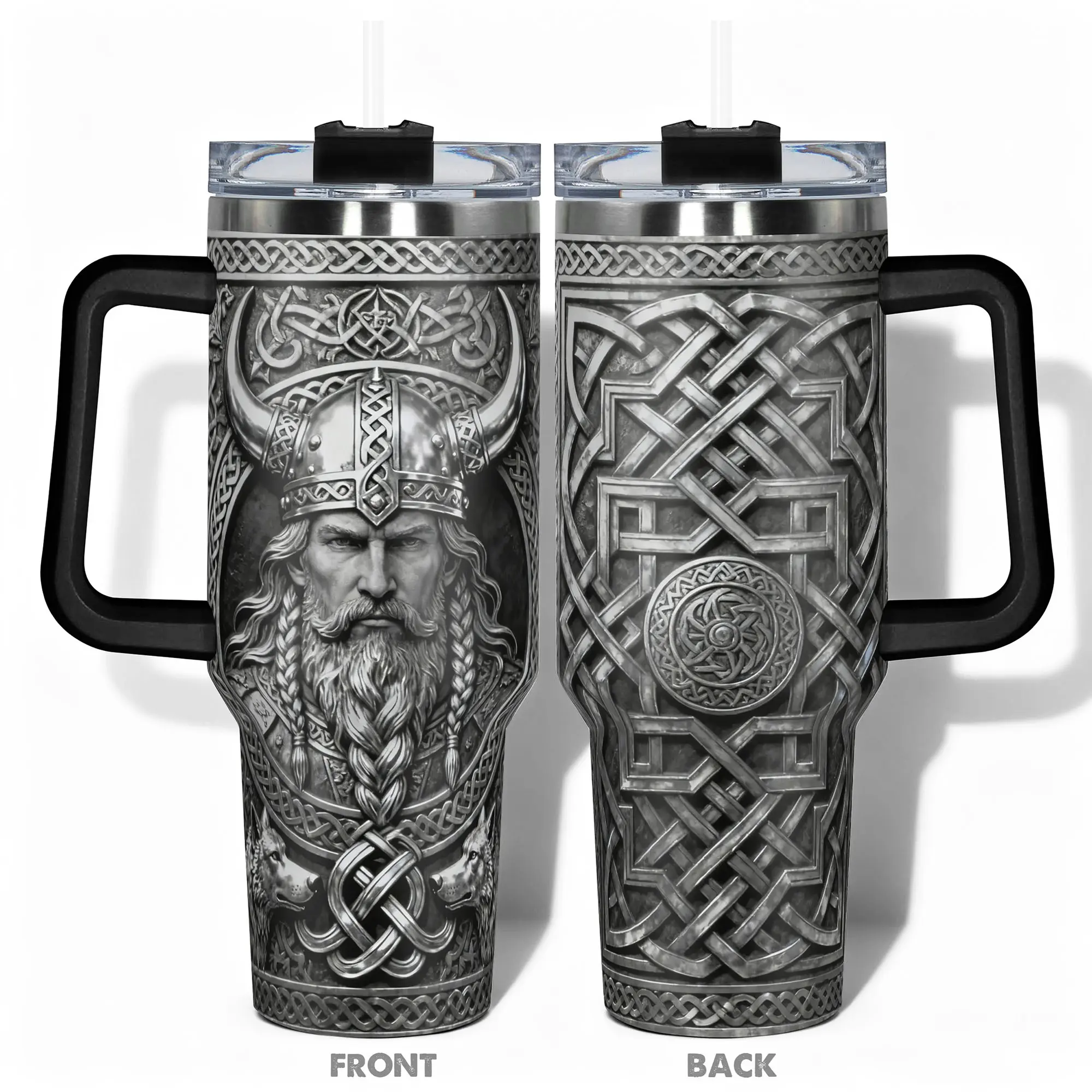 1pc Stainless Steel Cup 40oz/30oz/22oz/20oz/14oz Water Bottle, Stainless Steel Drinkware, Funny Design With Viking Warrior and Wolves Intricate Celtic Knotwork Double-layer insulation Leakproof Large Capacity, Needed for Gym, Hiking, Trave