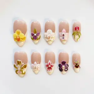 3D Orchid Nails, Orchid French Tips Nails, Elegant Nails