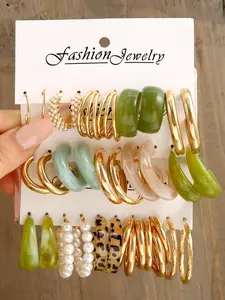 Faux Pearl Decorated Hoop Earrings, 15 Pairs Elegant Colorblock Design Fashionable Hoop Earrings, Fashion Accessories For Women
