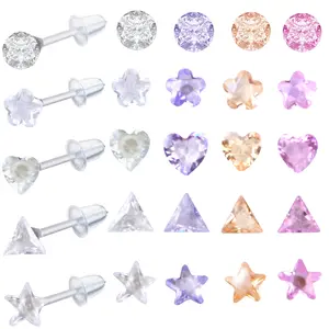 20 Pairs 6 mm Colorful Cubic Zirconia Earring Studs Hypoallergenic Plastic Resin Round Triangle Heart Flower Star Earrings with Earring Backs for Sensitive Ears Women Mom Gifts