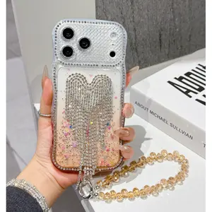 Instantly Transform into Star Diamond Wave Glue Heart Glitter Case for Apple 17Promax, 16/15 Tassel Rhinestone Heart 14PRO Lens Film Anti-drop Case