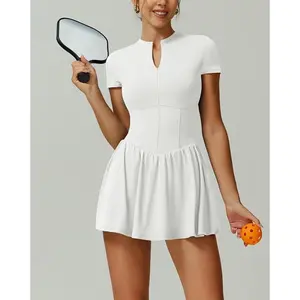 Women's sports dress solid color waistband short sleeved jumpsuit anti glare base built-in pocket front zipper design yoga suit tennis skirt fitness training all season outdoor jumpsuit short sleeved skirt, Tennis Athletic Dress