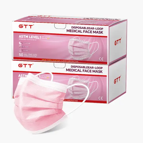 GTT Disposable 3-Ply Face Masks for Adults, PPE Protective Masks, 95%+ Filter Efficiency, Soft Skin-Friendly, Breathable Elastic Ear Loops, Adjustable Nose Wire, Dust & Pollen Blocking, 50/100/200Pcs, Pink & Black, for Daily Commute, Office & Outdoor Use