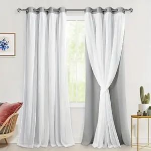 French Romantic Two-Layer Cloth Light-Blocking Finished Curtain, Fashionable Hole Drapery for Living Room, Stylish and Trendy Window Covering