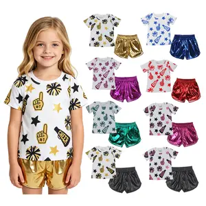 Short sleeves cheer top match solid shorts team outfits kids girls summer clothing set