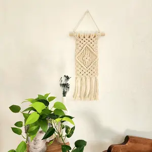 Macrame Wall Hanging with Diamond Pattern, Handmade with Cotton Cords