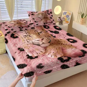 Pink Gold Leopard Theme Fitted Sheet Set, 1 Fitted Sheet & 2 Pillowcases No Core, Deep Pocket Design Prevents Shifting, Comfortable Easy Care, Light Luxury Sweet Cool Bedroom Dorm Decor, Gift for Kids, Animal Lover