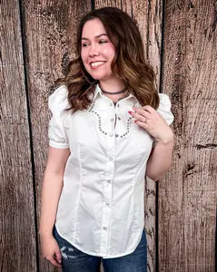 Celeste Puff Sleeve Studded Pearl Snap Shirt in Ivory by Lucky and Blessed