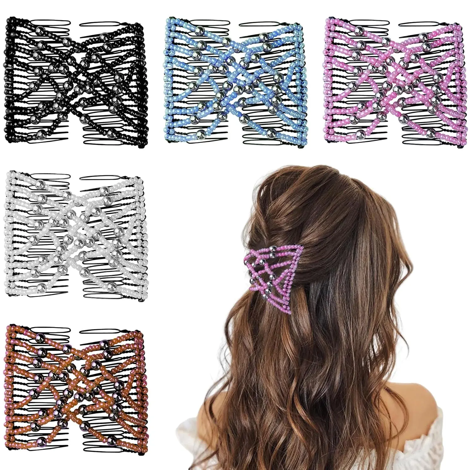 Women's 5-Piece Plastic Stretchy Double-Teeth Magic Comb Hair Clips - Adjustable Clip, No-Crease Elastic Pins, Comfortable Vintage Bun Maker for Curly Thick Wavy Hair, Daily & Wedding Use, Female, Double Comb Design, Parties/Weddings