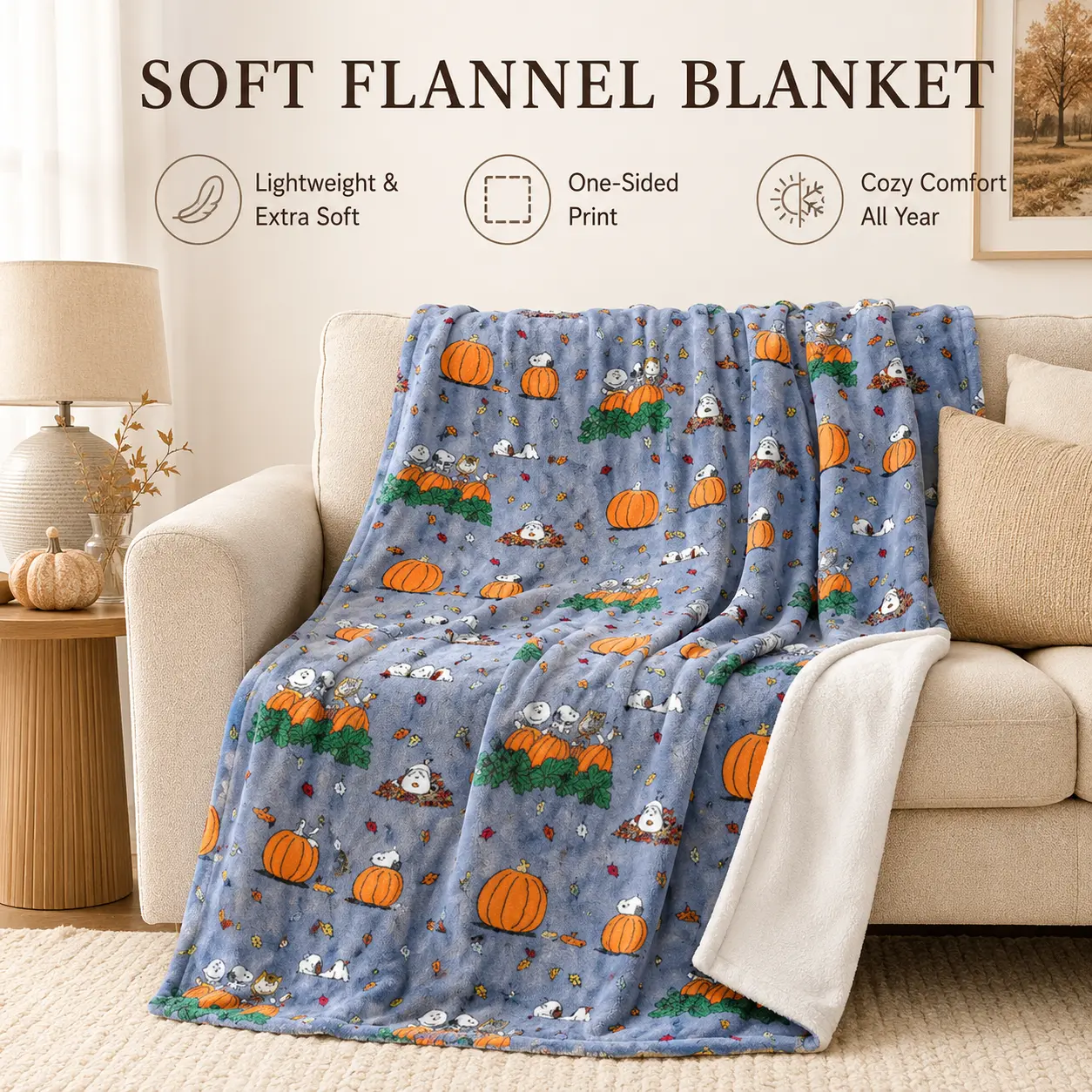 Cozy Autumn Pumpkin Cartoon Beagle Fleece Flannel Throw Blanket, Super Soft Lightweight Fall Animal Print Blanket for Adults & Kids, Warm All Season Cover for Couch Chair Home Decor Gift