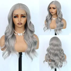 Aodbar hairs Grey Long Wavy Wig 22 Inch Heat Resistant Fiber 13x4 Transparent Lace Pre Plucked Natural Hairline for Daily Use Halloween Cosplay