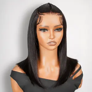 [West Kiss] Glueless Ready To Go Stylist Wig Straight Short 13x4 Lace Front Bob Wig Human Hair Pre Braided  Pre Cut Lace Glueless Wig Pre Bleached Knots Pre Plucked Hairline Pre Everything Beginner Friendly