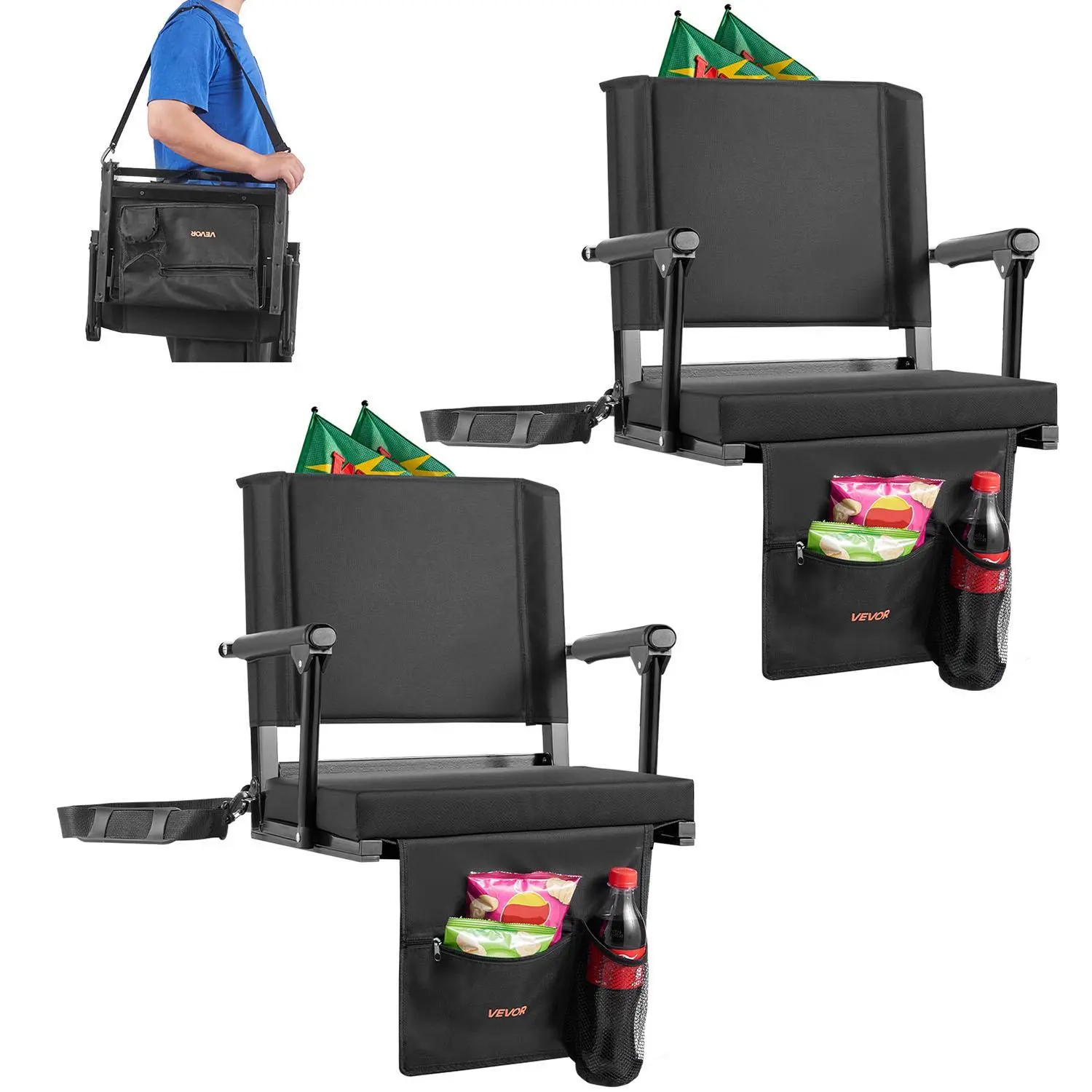 【summerfinds】VEVOR Stadium Seat, Portable Bleacher Seat with Armrest, Back Support and Thick Cushion, Bench Chair for Bleacher Includes Shoulder Strap, Hooks, Cup Holder, Black Football Bleachers Seats, 2PCS