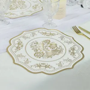 10 Pack Cardboard Paper Placemats with White Gold Damask Floral Pattern, 13" Round Disposable Table Mats with Scalloped Rim - 400 GSM