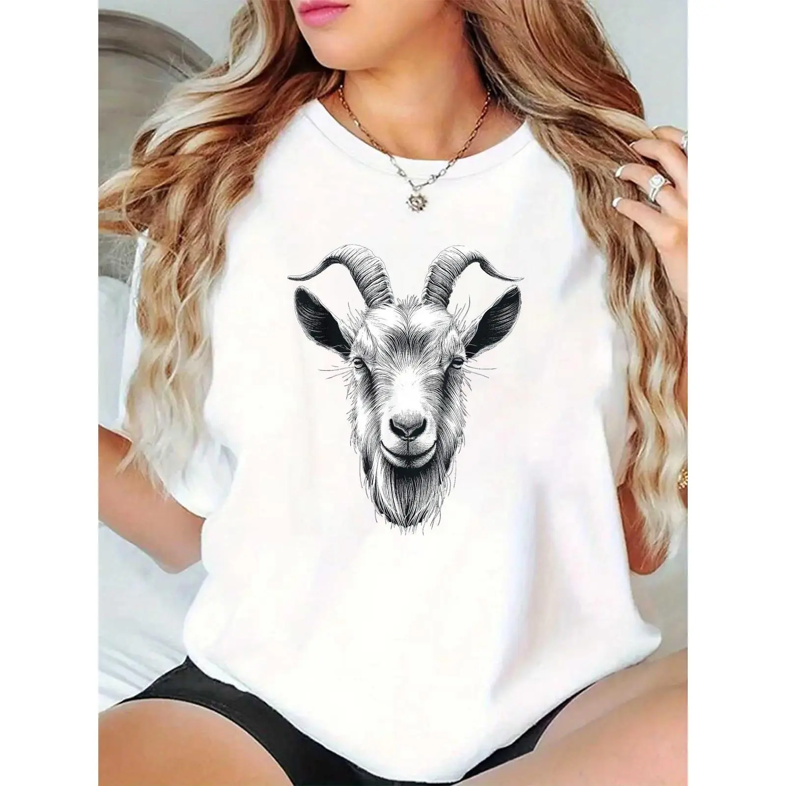 Women's White T-Shirt with Goat Head Sketch Graphic - Casual Farm Animal Tee for Daily Wear, Country-Inspired Fashion for Ladies, Basic, Shortsleeve, Comfortable, Feminine