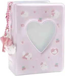 3-inch Mini Photo Album Heart-shaped Hollow Card Binder with White Pink Bunny Pendant Compact Stylish Photo Storage for Easy Carry and Display Decor