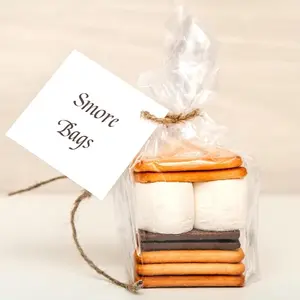 50Pcs Gusseted Cellophane Bags with Paper Insert 4x2x8 Inches Smore Bags for Treats & Party Favors Transparent Clear Plastic Bags with Flat Bottom for Easy Display
