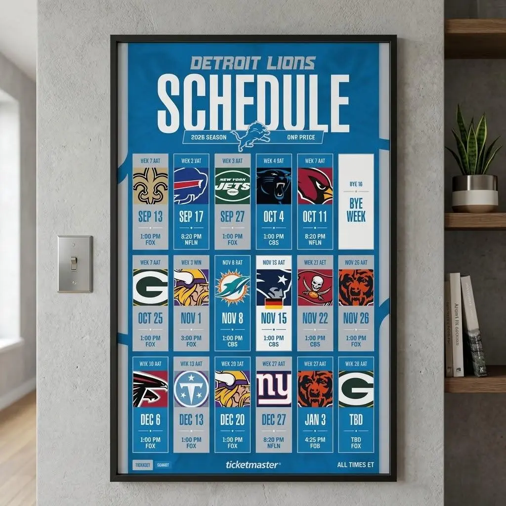 Detroit Lions 2026 Season Schedule Football Poster Unframed Artwork Decor