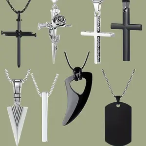 Christmas Gift Chain Jewelry Piece 8PCS Men’s Cross Necklace Set Stainless Steel Black & Silver 16-24" Adjustable Chains Minimalist Unisex Fashion Jewelry Gifts，Fashion Accessories