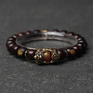 Lightning strike jujube wood jade turned brass Pixiu bracelet with golden full text agate bead bracelet