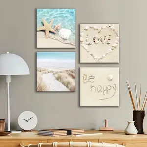 4-count wooden frame canvas, Canvas Prints, fresh and blues healing seaside Ocean Inspired Design home decoration poster, exquisite living room and bedroom decoration, modern and fashionable family poster, corridor wall hanging painting, waterproof art