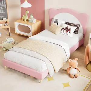 Twin Bed Frame for Kids with Adjustable Scallop Headboard, Velvet Upholstered Princess Bed