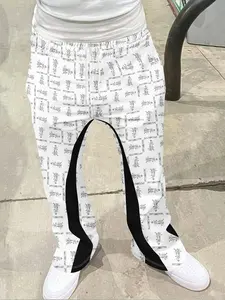 Men's Vintage Oriental Text Grid Pattern Drawstring Bell Bottom Pants, Casual Streetwear, Sporty Long Pants, Trendy Fashion Gift