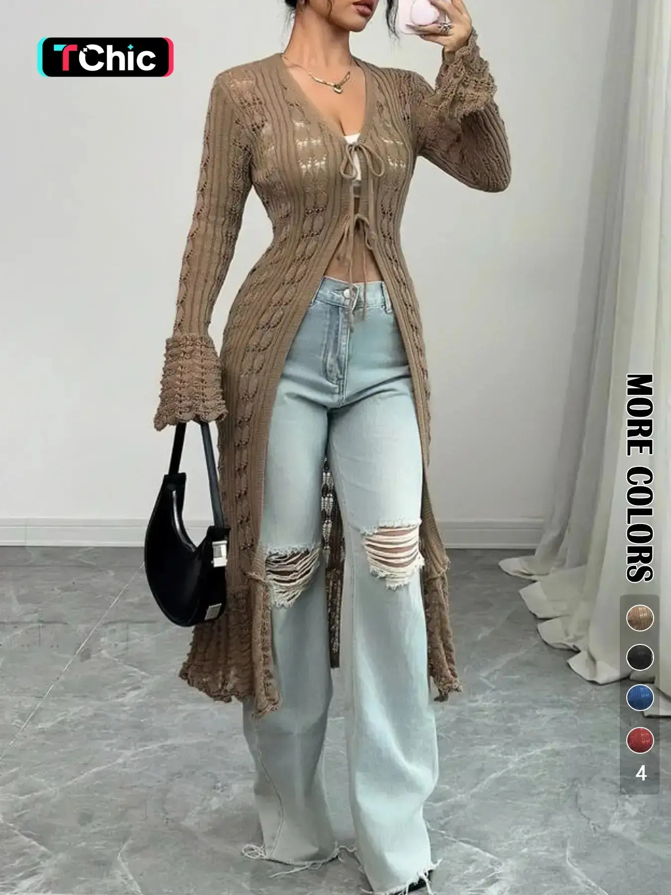 Women's Solid Color Knitted Cardigan, Chic Elegant Fashion Casual Fit Tie Front Adjustable Cardigan, Women Knitwear for Daily Outdoor Wear, Womenswear, Tops