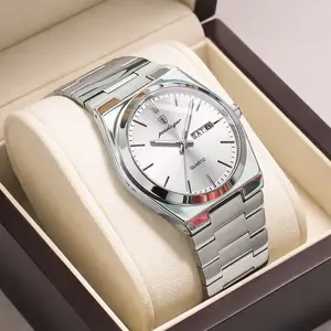 POEDAGAR Luxury Men's Stainless Steel Watch: Business Silver Dial, Day-Date, Quartz Waterproof Wristwatch