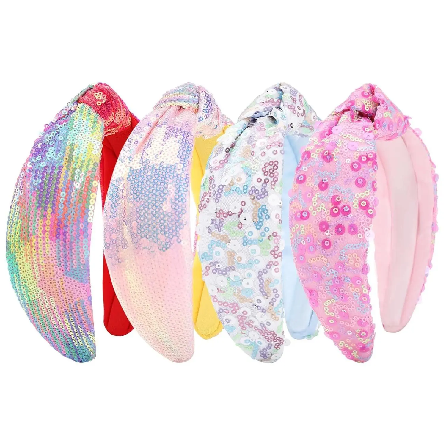Rainbow Sequin Knotted Headband 4pcs Sparkly Hair Accessories for Girls, Women,Iridescent Sequined Comfortable Headware,Glitter Fashion Iridescent Hairbands Fancy for Party Birthday Prom