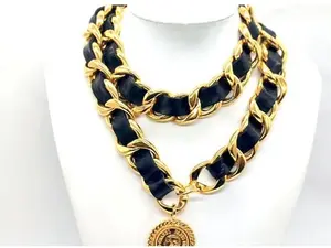Pre-owned Chanel Jumbo Runway Lamb Lether 24K Gold Plated Chain Medallion Coin Mademoiselle Belt Vintage 80s 90s with Box