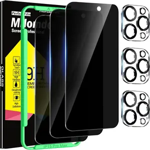 3-Pack Privacy Screen Protector for iPhone 15 Pro Max with 3-Pack Tempered Glass Camera Lens Covers – 9H Hardness, Case-Friendly, Mounting Frame, 2.5D Curved Edge, Black